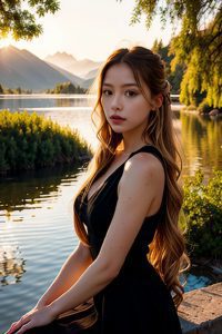 Sunset over a lake with a woman in a dress