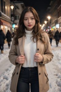 Woman in winter coat walking on a snowy street