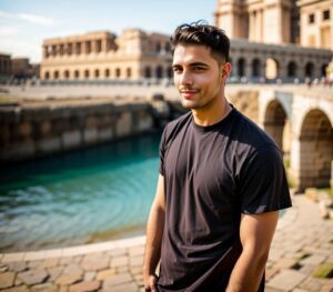 Young man enjoying the views of a historic bridge in Rome