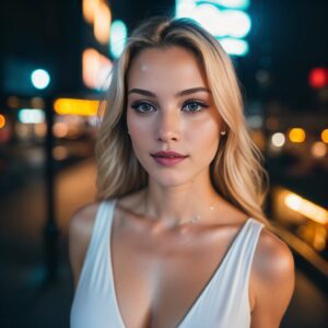 Elegant woman with city lights at night