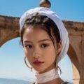 Elegant woman in white headscarf against blue sky