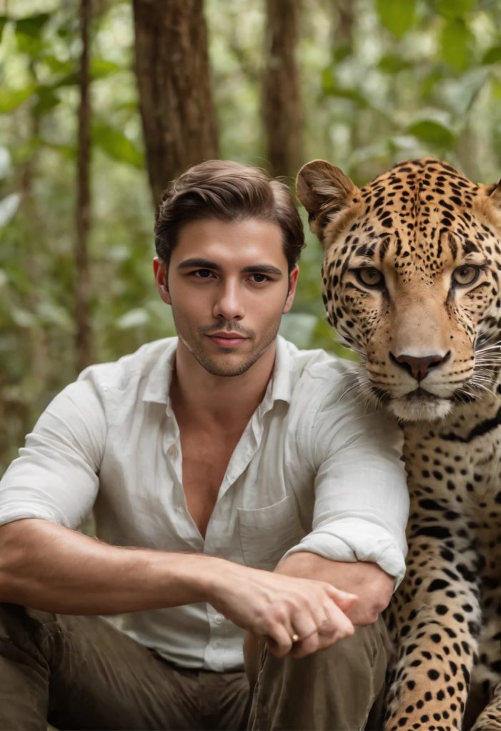 Man posing with a leopard in a dense forest setting.