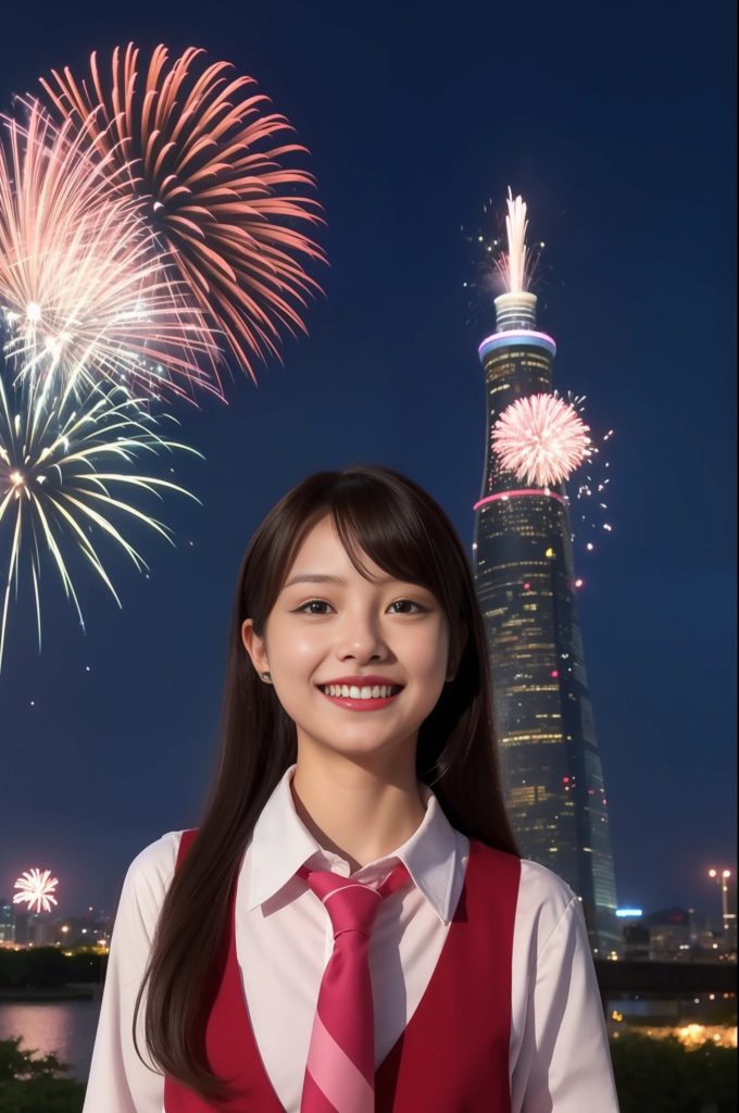 Woman smiling with New Years fireworks display by tower.