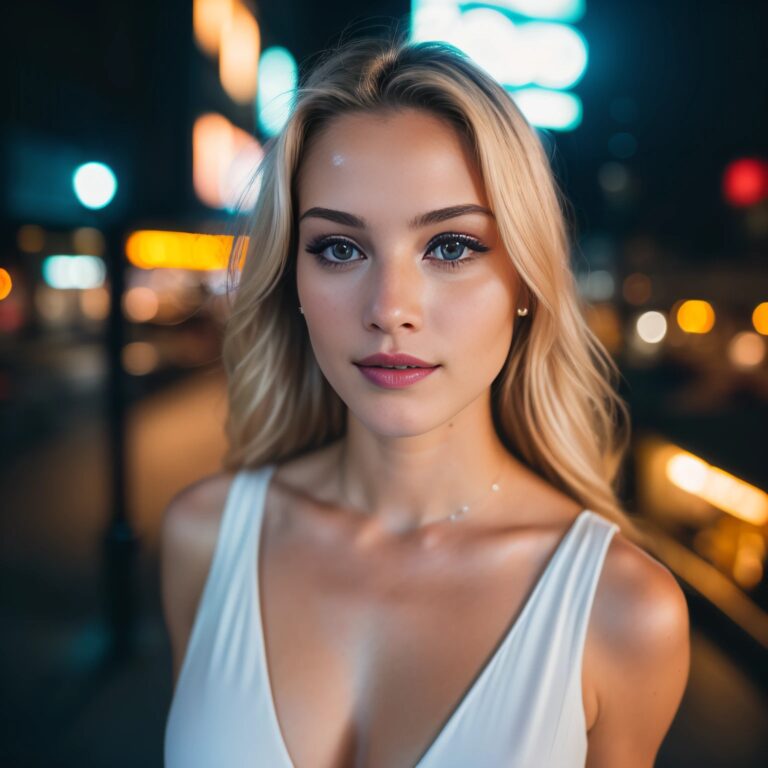 Woman in urban night setting with glowing lights