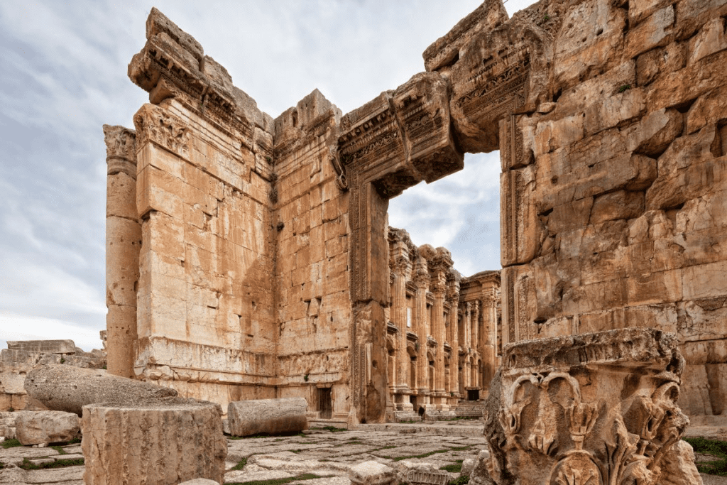 Temple of Bacchus in Baalbek with detailed carvings